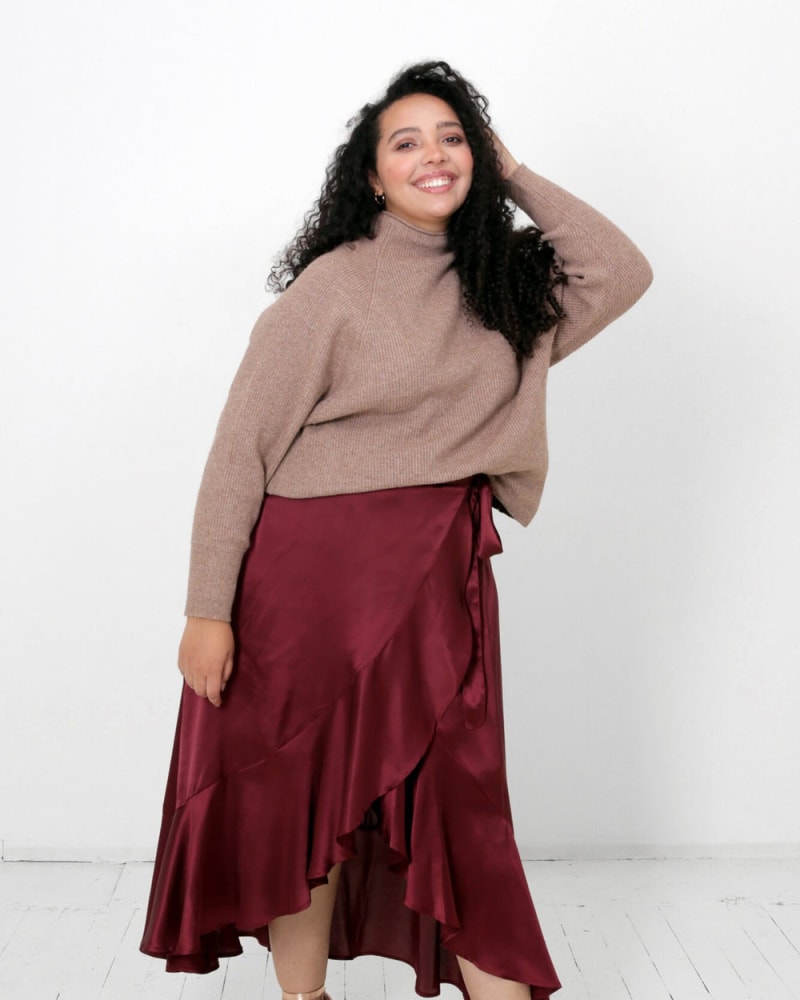 Front of a model wearing a size L (12/14) Juliette Wrap Skirt in Roobios by LuvMeMore. | dia_product_style_image_id:266652